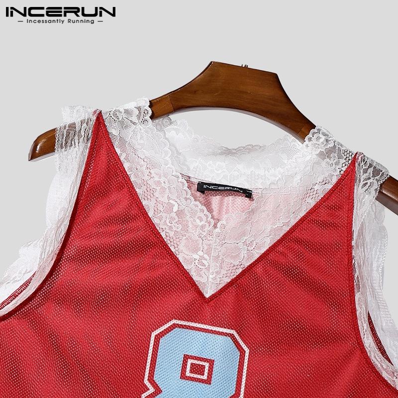 INCERUN Men Lace V Neck Sleeveless Letter Print Hollow Out Casual Tank Tops