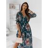 Women's Summer Dress Long Sleeve V-neck Side Slit Printed Long Dress
