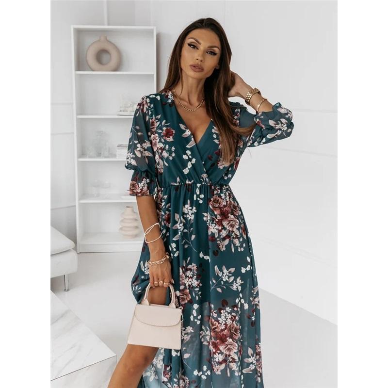 Women's Summer Dress Long Sleeve V-neck Side Slit Printed Long Dress