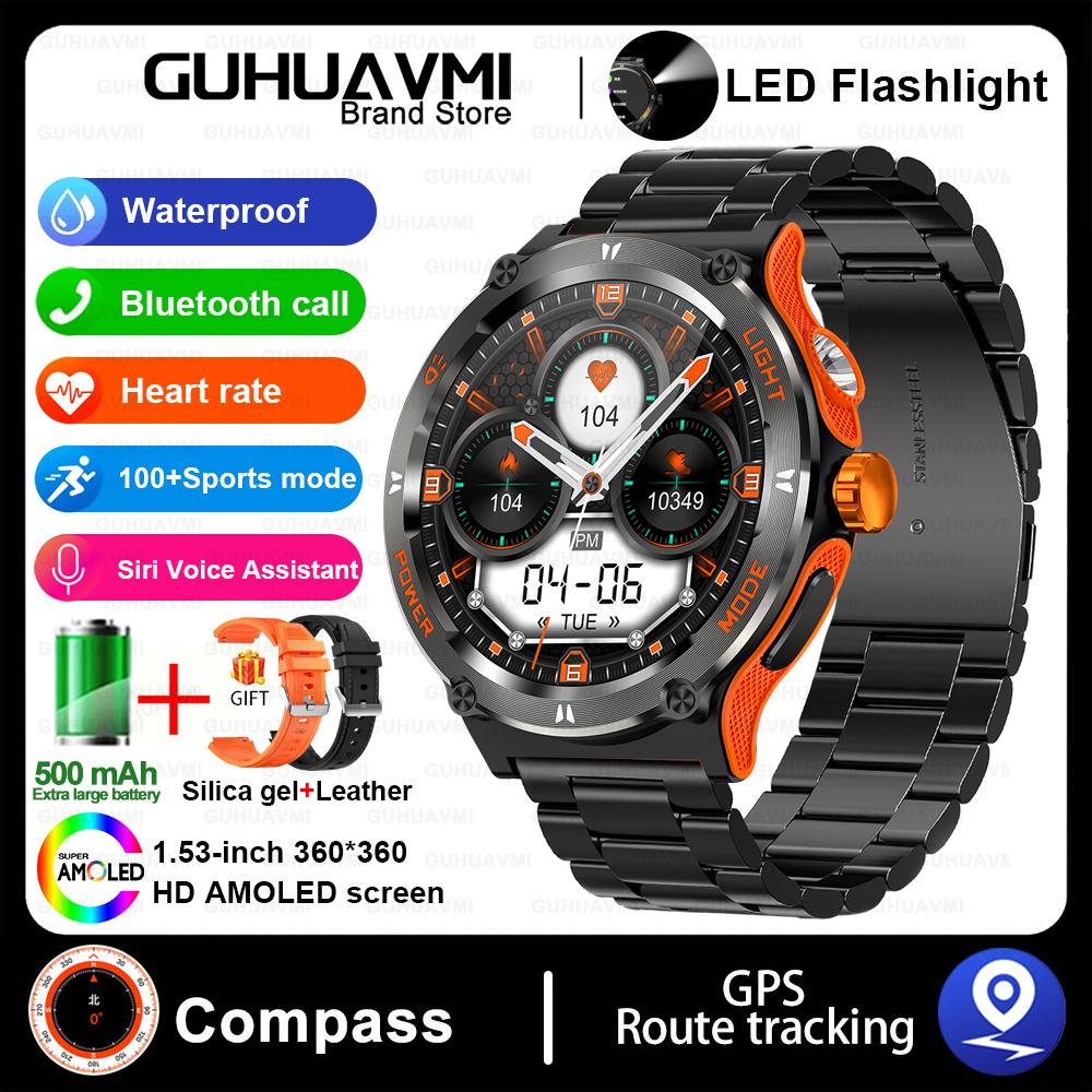 Outdoor Military Smart Watch Men LED Strong Light AMOLED Screen Heart Rate Compass Bluetooth Call 3ATM Waterproof Smartwatch