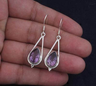 Solid 925 Sterling Silver Amethyst Gemstone Handmade Designer Dangle Drop Earring Gift For Her