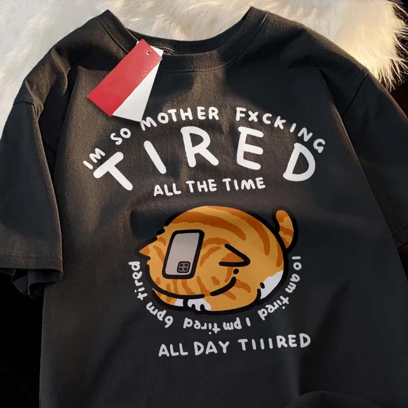 

Cartoon Tired Hugging Cat Printed T Shirts Summer Women Casual O-Neck Streetwear Tees Clothing High Street Harajuku T-shirt 4XL