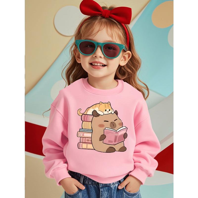European Size Reading Fun Comfortable Kids' Crew Neck Sweatshirt with Cartoon Animal Reading Pattern - Casual Pullover Suitable for Autumn/Winter