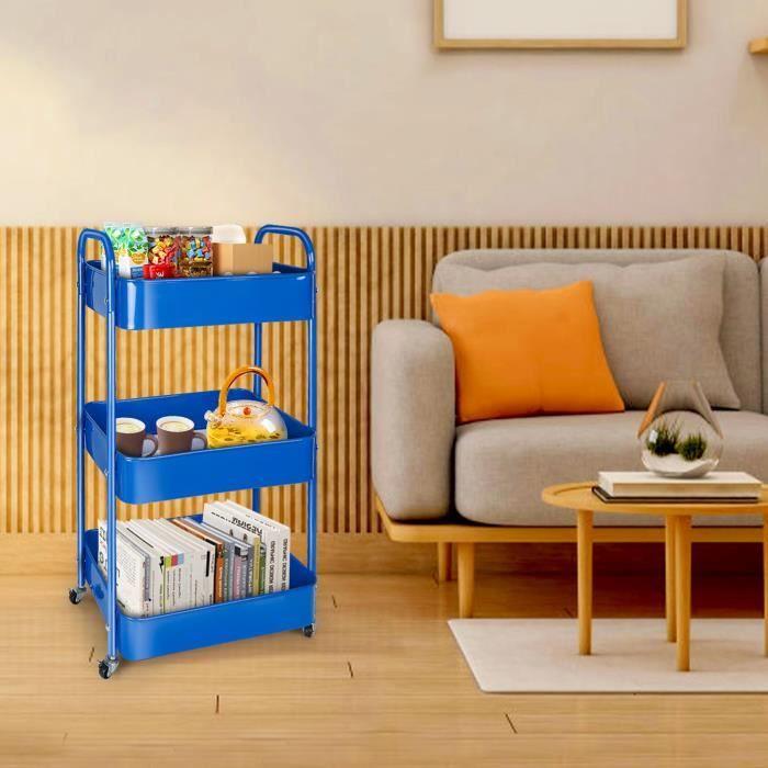 Chariot à 3 niveaux - 41 x 30,5 x 76 cm - Bleu - Plastique et métal - Roulettes