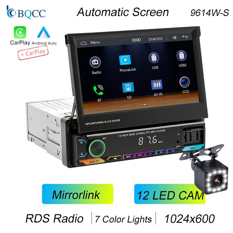 BQCC 9614W-S 7" 1 Din Car MP5 Player Retractable Screen FM AM Mirrorlink AUX Colorful Lights USB Wireless Android AUTO/Carplay