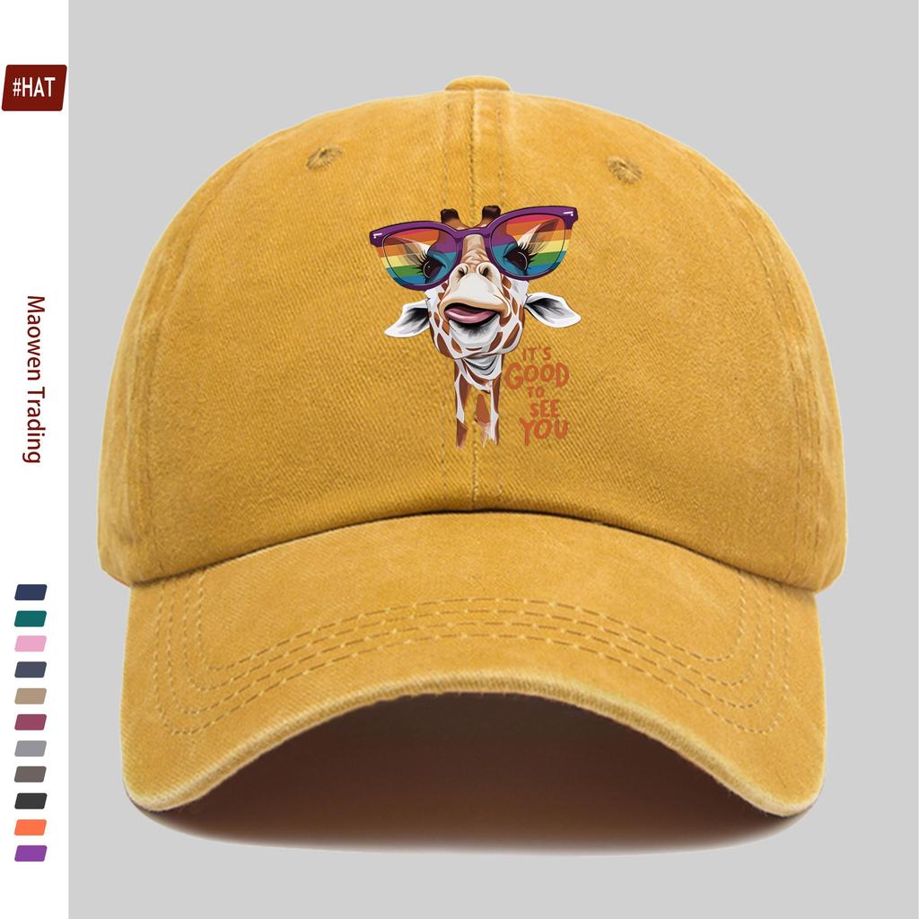 Pc Giraffe Print Baseball Cap with Glasses Home Leisure Heart Decor Papa Hat Truck Driver Sun Hat Washable Adjustable Headwe
