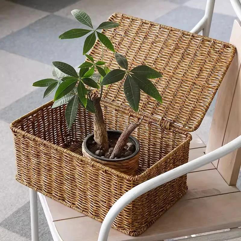 Large Storage Basket Rattan Woven Storage Box with Lid Stackable Sundries  Basket Storage Organizer Toy Container Orgainzation