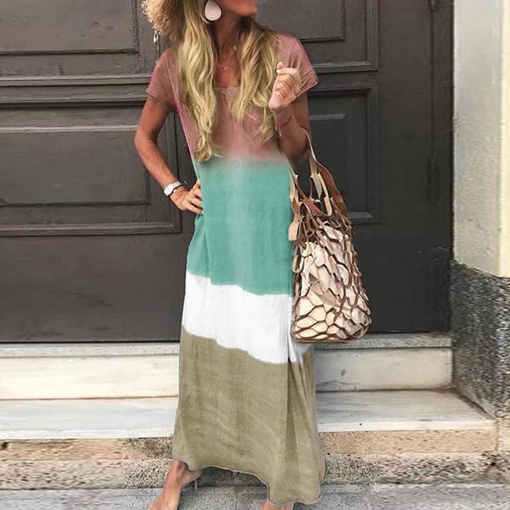 Women's Casual Gradient Color Blocking Print V-Neck Sexy Short-Sleeved Dress