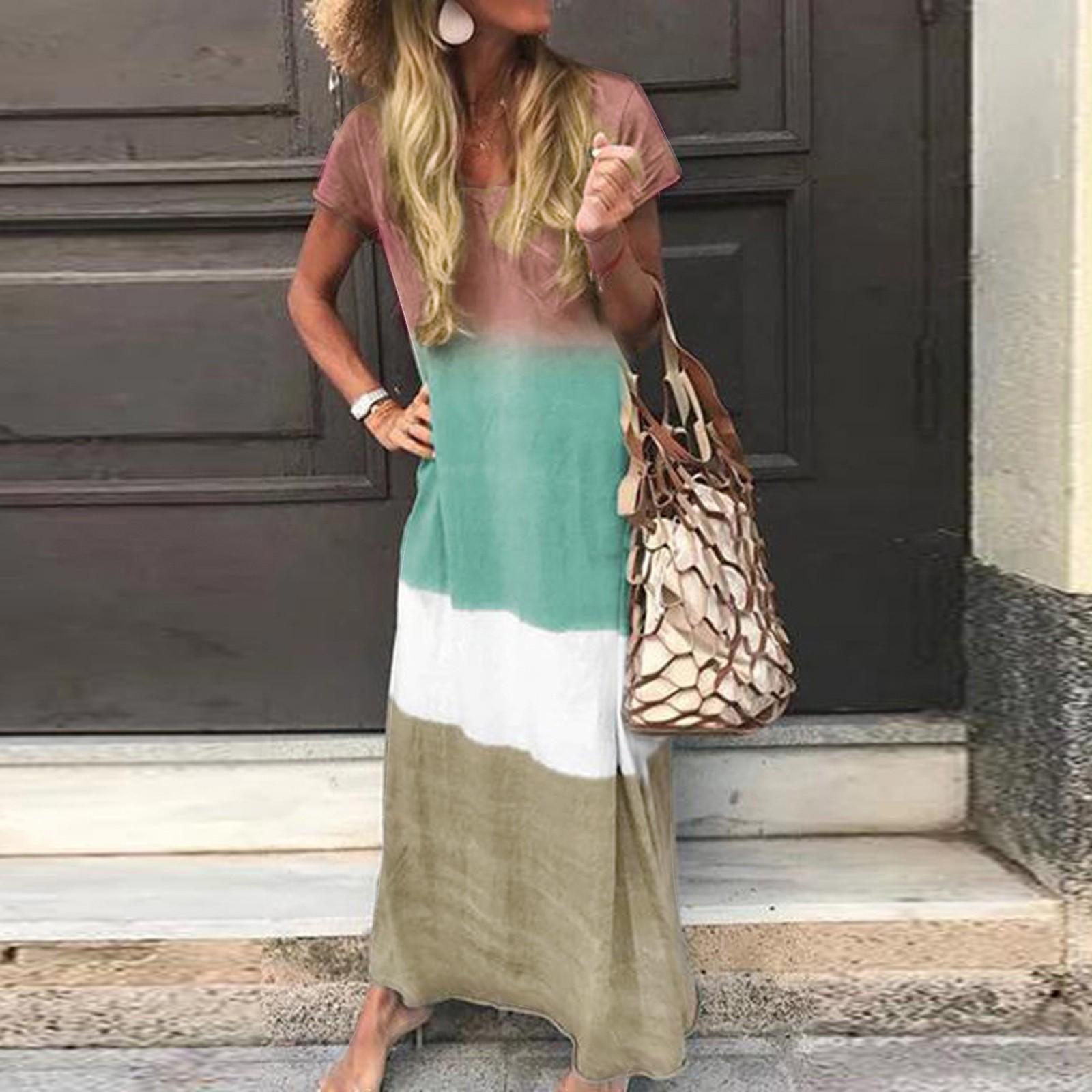 

Women s Casual Gradient Color Blocking Print V-Neck Sexy Short-Sleeved Dress L зелений