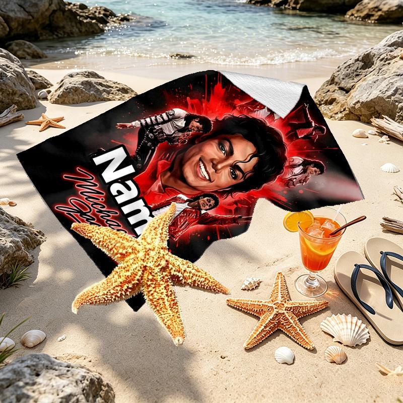 Personalisierbares Strandtuch mit individuellem Namen und Michael Jackson Druck, für Reise Camping Strandparty Heimdeko, Geburtstagsgeschenk für Familie & Freunde