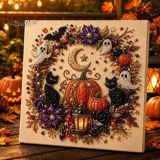 Festliche Kunst mit Kunstperlen für die Heimdekoration 2 Stück Halloween-Kunst, Geist Kürbis Hexe Krähe Malerei DIY Entspannendes Bastelset, 3D Schädel Basteln