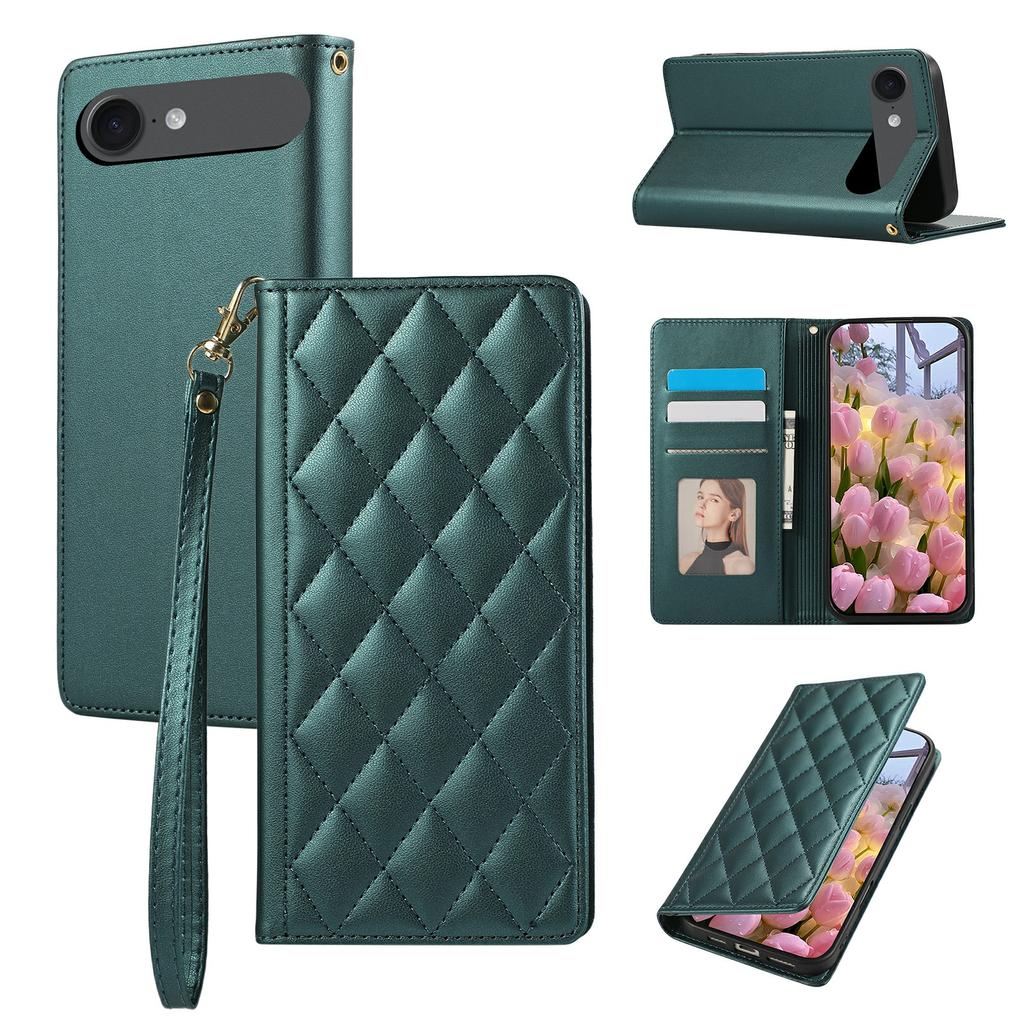 For iPhone 17 Air Case RFID Blocking Wallet Stand Rhombus Leather Phone Cover with Wrist Strap