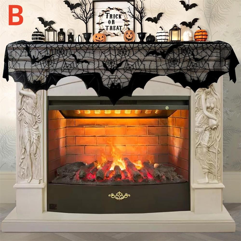 Halloween Indoor Fireplace Mantel Scarf Black Lace Spiderweb Fireplace Cover For Halloween Mantle Decor Festive Party
