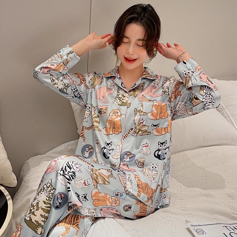 Pajamas Women's New Spring and Summer Cute Cat Ice Silk Long-sleeved Suit Silk Loungewear Suit