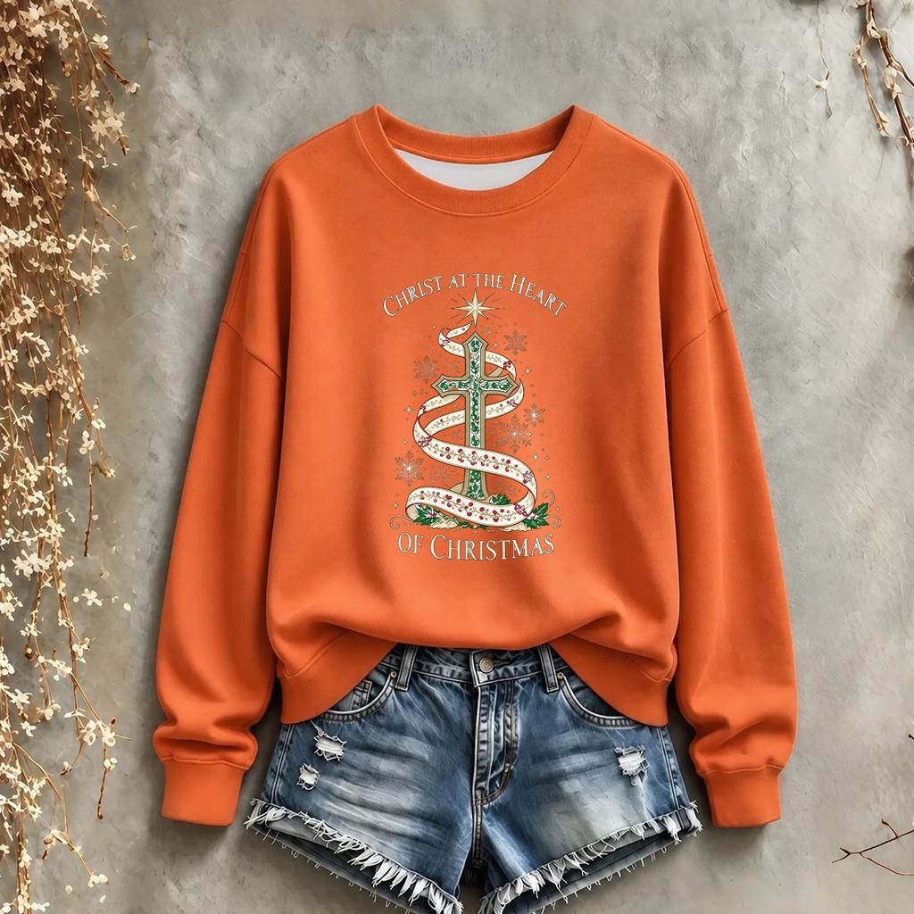 Women's Christmas Print Long Sleeve Crewneck Sweatshirt Casual Holiday Pullover Top