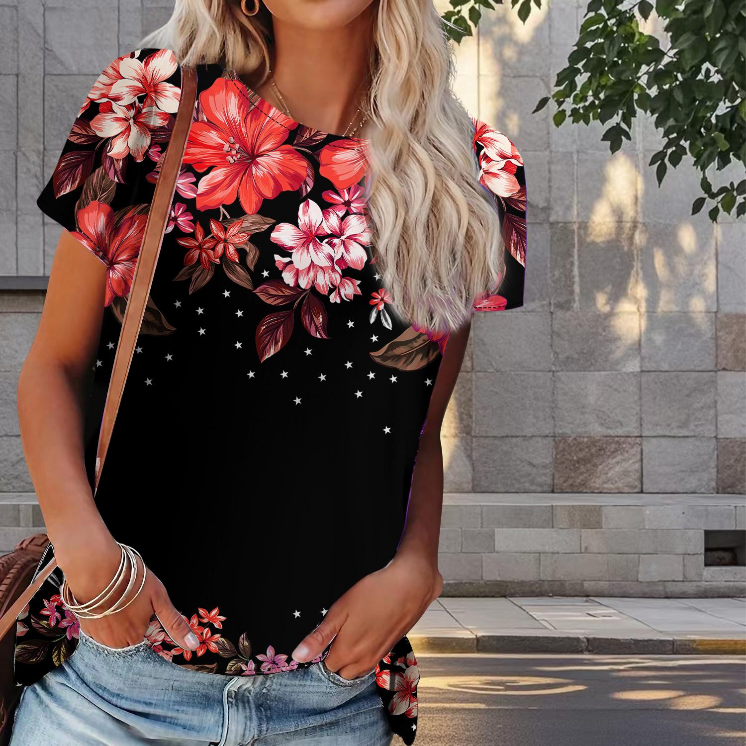 

Женская летняя футболка с цветочным принтом в стиле ретро, футболки с коротким рукавом, повседневные топы с принтом 8XL красный