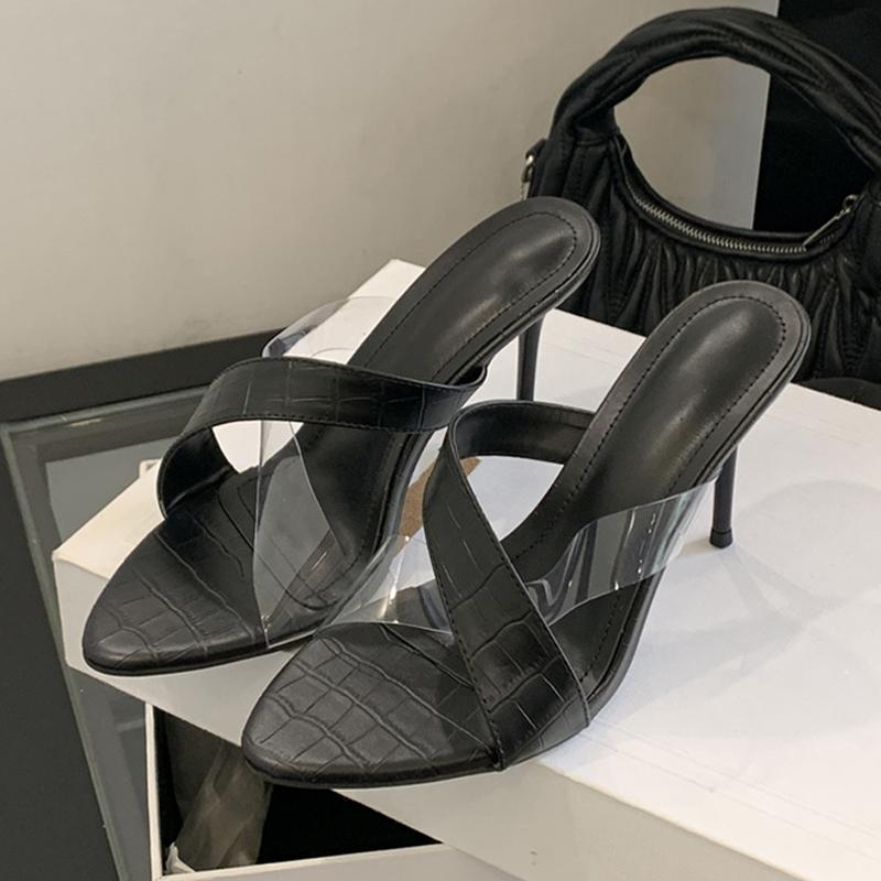 Fashion Liyke Sommer Mode Zehenfrei Schwarz Hohe Absätze Pantoletten Für Frau PVC Leder Corss Schmaler Riemen Damen Partykleid Schuhe Sandalen
