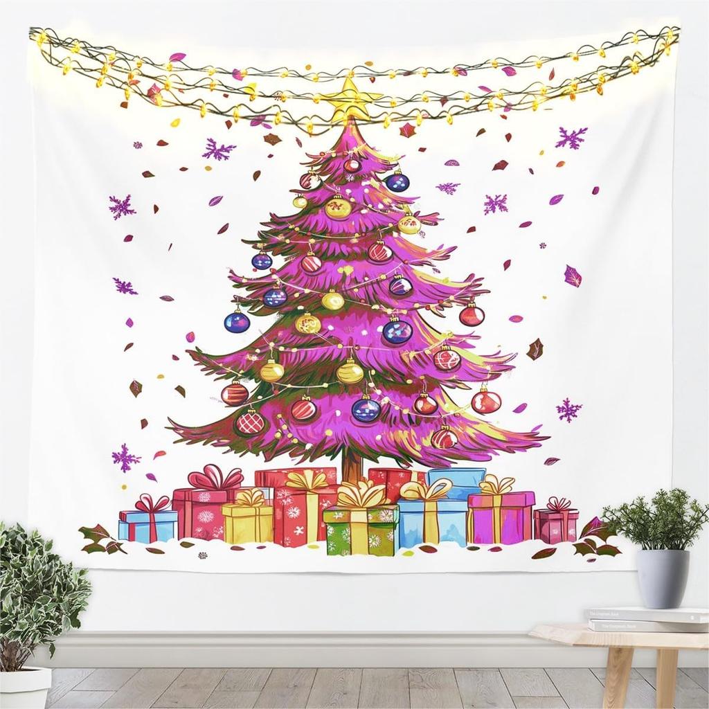 Jejeloiu Pink Christmas Tapestry Small  Kids Snowy Xmas Landscape Wall Art Winter Scene Wall Hanging Blanket Microfiber