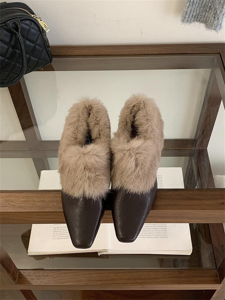 Winter simple square head thick heel fluffy shoes women's comfortable one-pedal elegant lazy shoes shallow single shoes