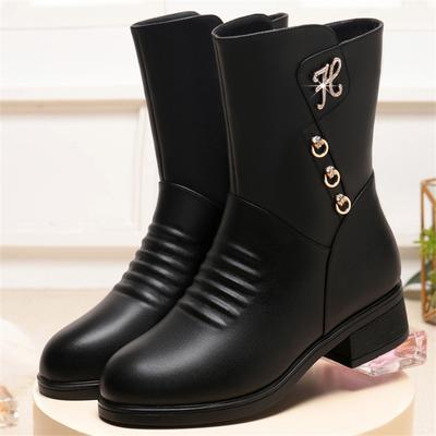 Weiche Lederstiefel für Damen Herbst Winter mit Plüsch Warm Seitenreißverschluss Runde Zehenpartie Hoher Absatz Lässig Rutschfest Mama Baumwollschuhe