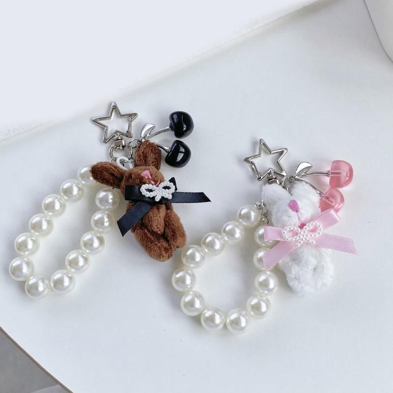 Adorable Rabbit Cherry Charm Keychain With Imitation Pearls Detachable Phone Strap Bag Accessories For Girls