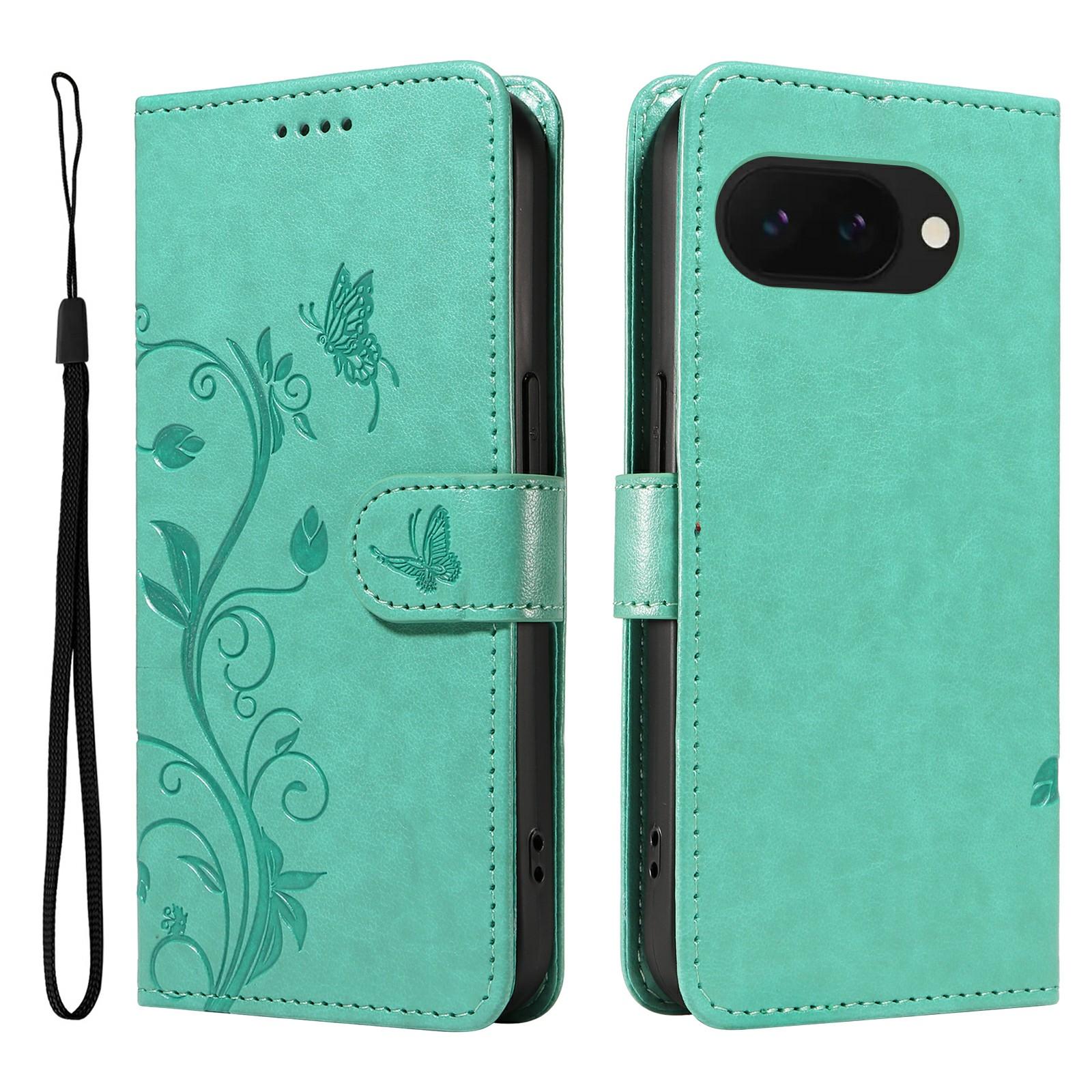 

For Google Pixel 9a PU Leather Cases Flower Pattern Wallet Stand Phone Cover with Strap F