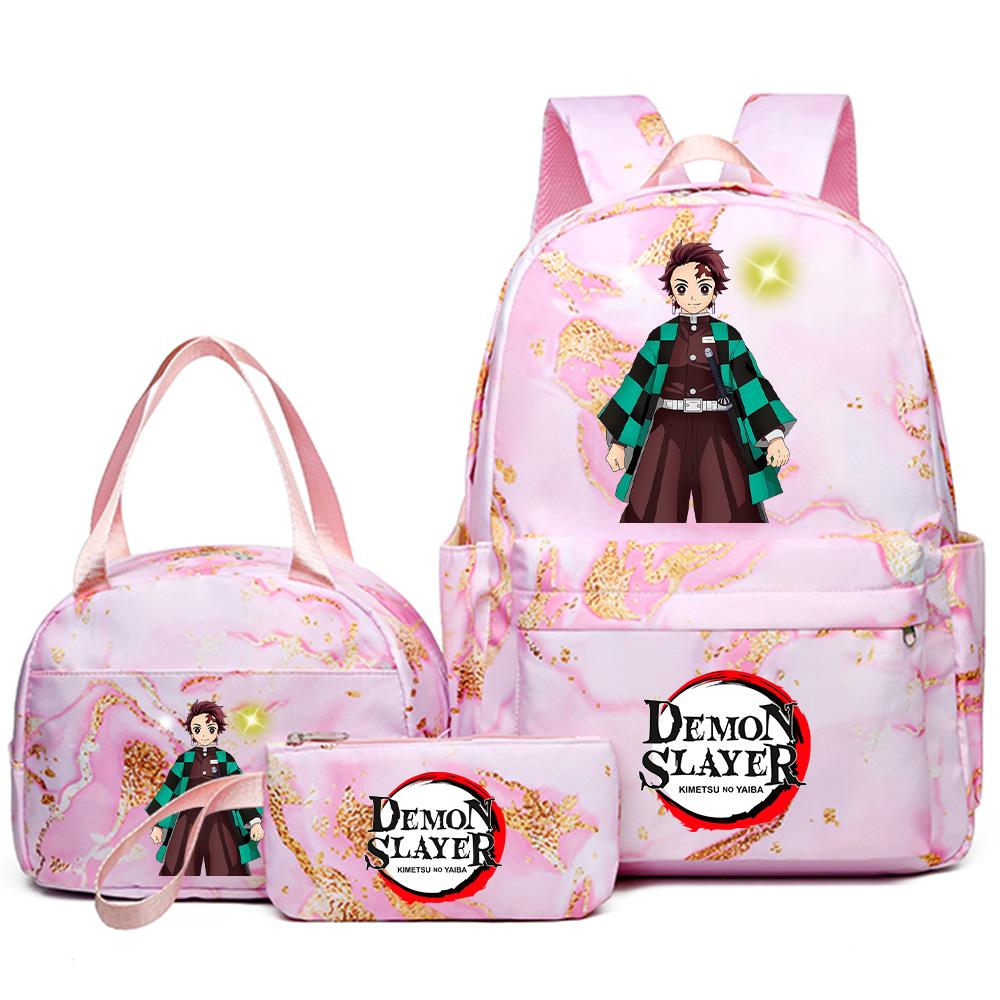 3Pcs/set Demon Slayer Printed Backpack Handbag Pencil Case for Teenager Student Girl Boy Bookbag Schoolbag Women Large Capacity Waterproof Travel Bag