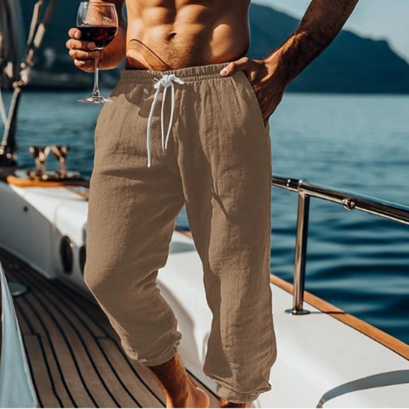 

Хлопок и Лен Девять Укороченных Брюк Пляжные Брюки Карман Кулиска Эластичная Талия Однотонные Удобные и Дышащие Мужские Повседневные Брюки XXXL