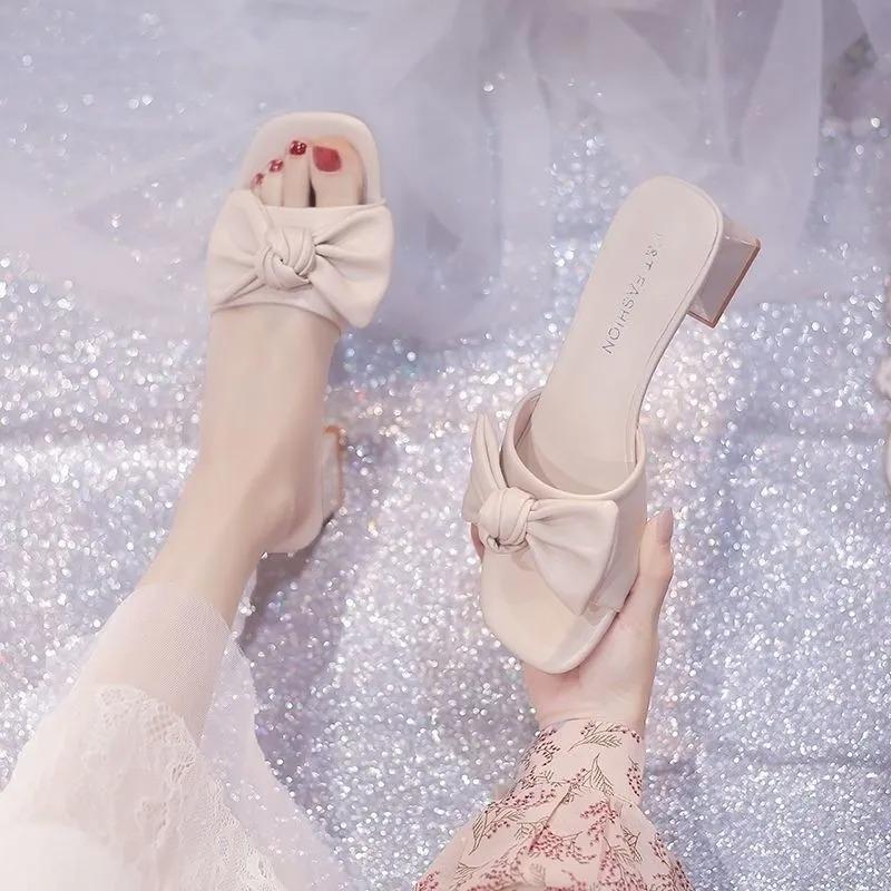 Sandals and Slippers Women s Summer Bow Tie One-word Thick-heeled Thick-soled Slippers 34 бежевый