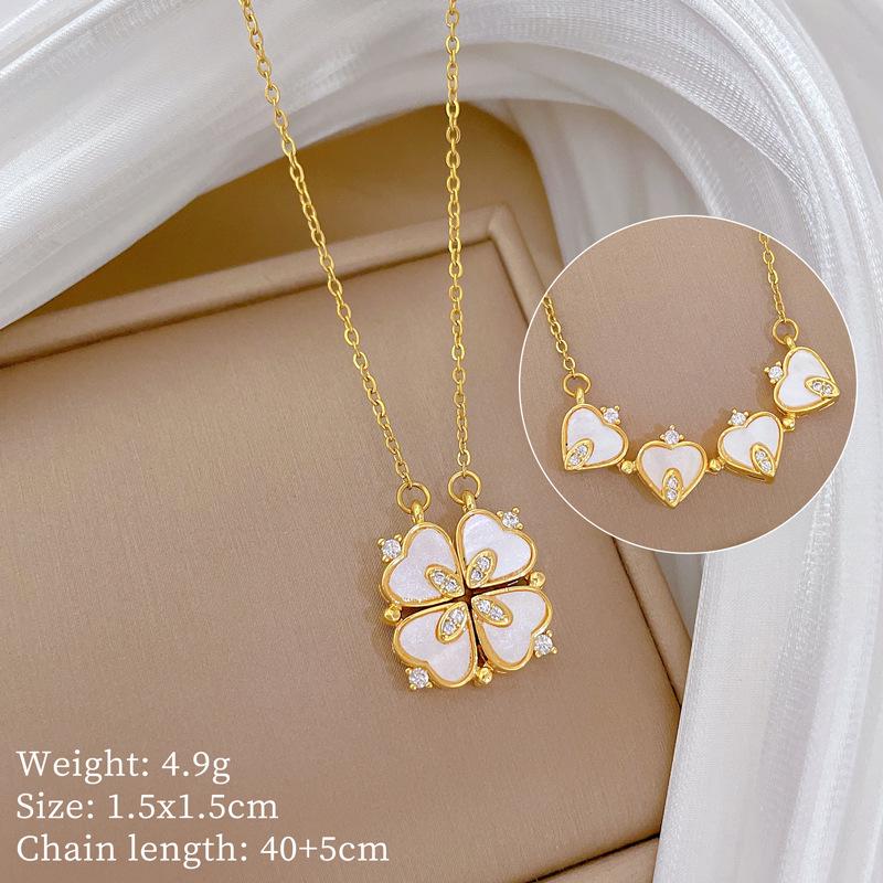 Versatile Titanium Steel Women's Necklace: Heart-to-Heart Two-Way Four-Leaf Clover Clavicle Chain with Full Diamonds