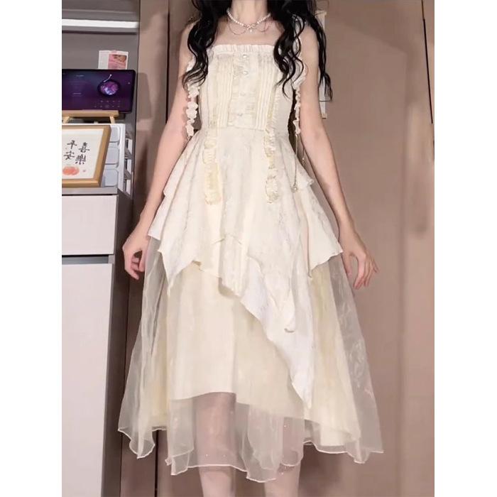 Seaside vacation fairy dress waist suspender dress female summer new Sanya beautiful beach knee long skirt S