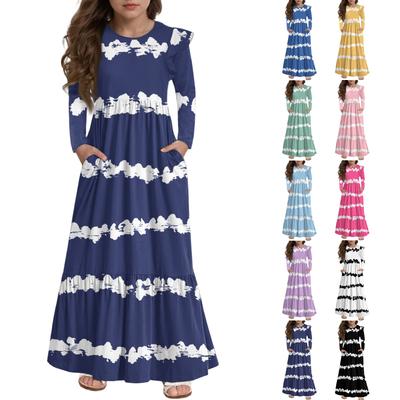 Mädchen Stufenkleid mit Rüschen - Langärmeliges bedrucktes Maxi mit Taschen