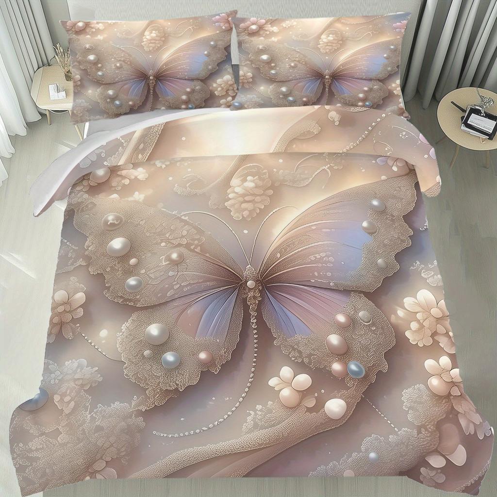 3Pcs Elegant Butterfly Duvet Cover Set, 1 Quilt Cover + 2 Pillowcases, Featuring A Graceful Butterfly Embellished