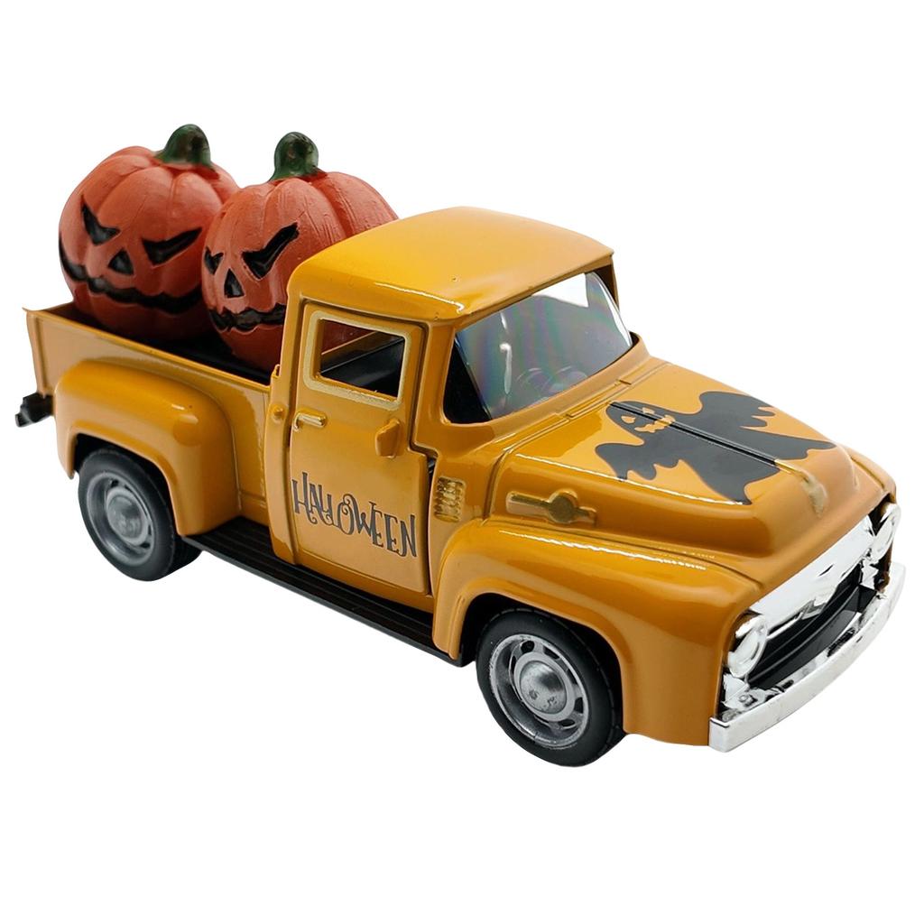 Vintage Halloween Alloy Truck Model with Pumpkins and Figurine for Holiday Decor