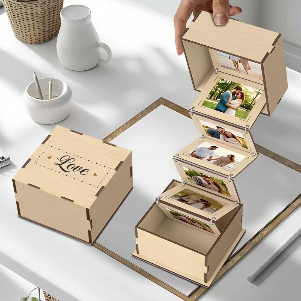 Creative Folding Wooden Photo Storage Box Vintage Rustic Photo Album Box Handmade Pull Out Photo Album Photo Collection