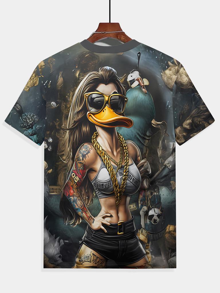 3D Duck Girl with Golden Chains And Tattoos Printed Men'S Casual T-Shirt – Stylish Round Neck Summer Top for Outdoor Activities, Gym, Running, Or Gift