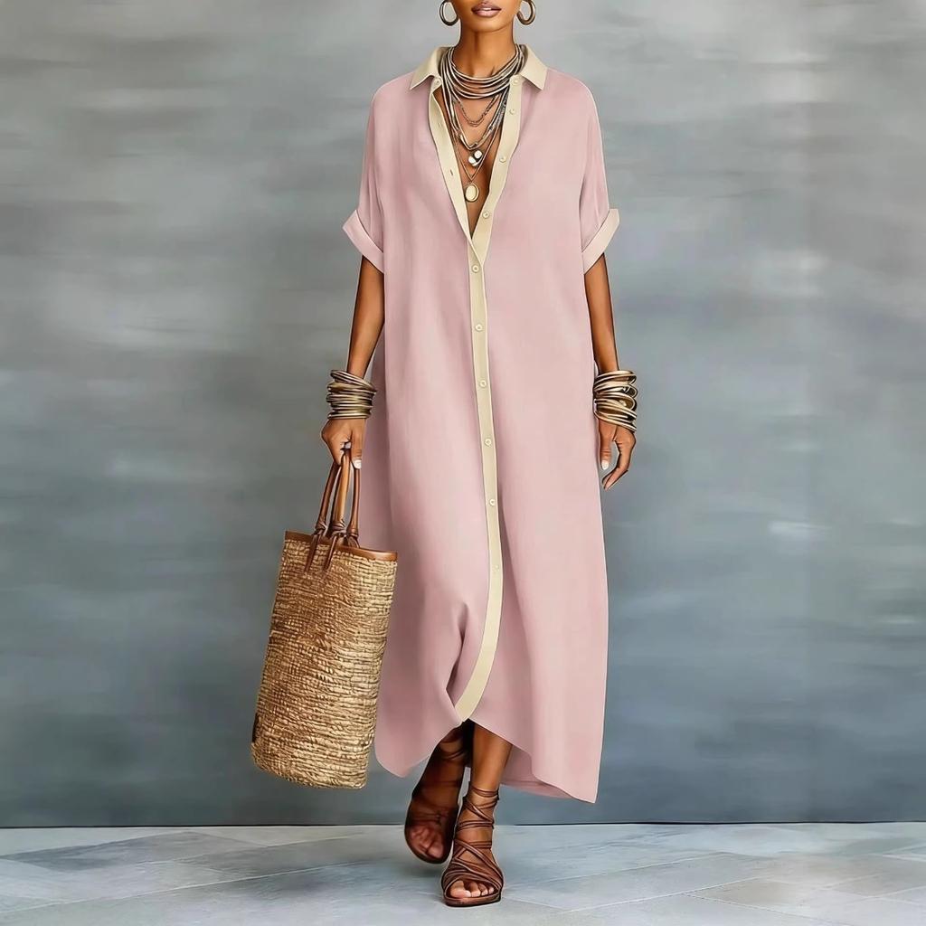 Women's Colour-blocked Loose-fit Long-Sleeve Cotton-Linen Polo Neck Shirt Dress – A Stylish Comfortable and Casual Dress for Women