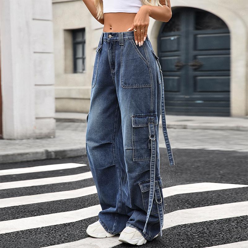 Women's Casual Fashion Solid Color Elastic Waist Pockets Wide Leg Straight Jeans Pants