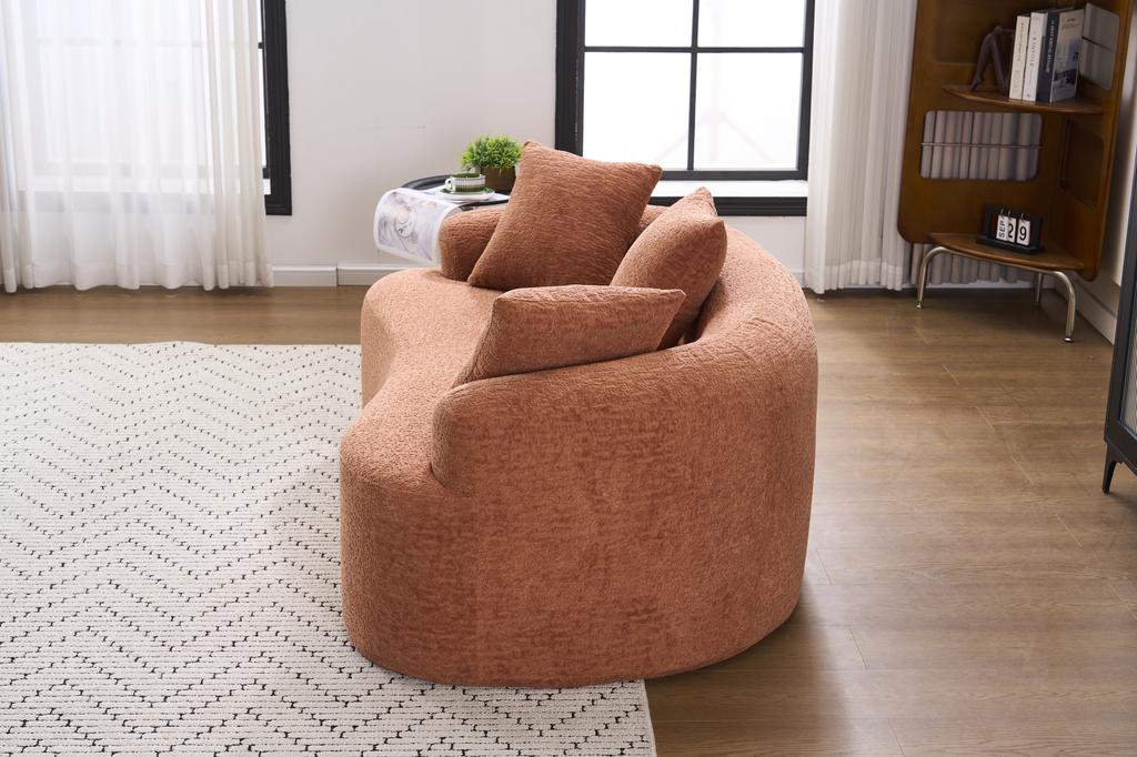 Modular, Curved Two-seater Sofa, Contemporary Style, Including Three Decorative Cushions, Ideal for Small Apartments, No Assembly Required, Coral Pink