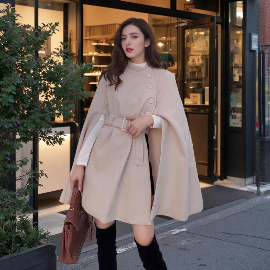 Autumn and Winter New French Celebrity Temperament Medium and Long Cape Woolen Shawl Woolen Coat Coat Women's Fashion