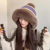 Fur Brim Pompom Braids Hat Striped Knit Earflap Winter Cap Fleece Knit Beanie  Teens