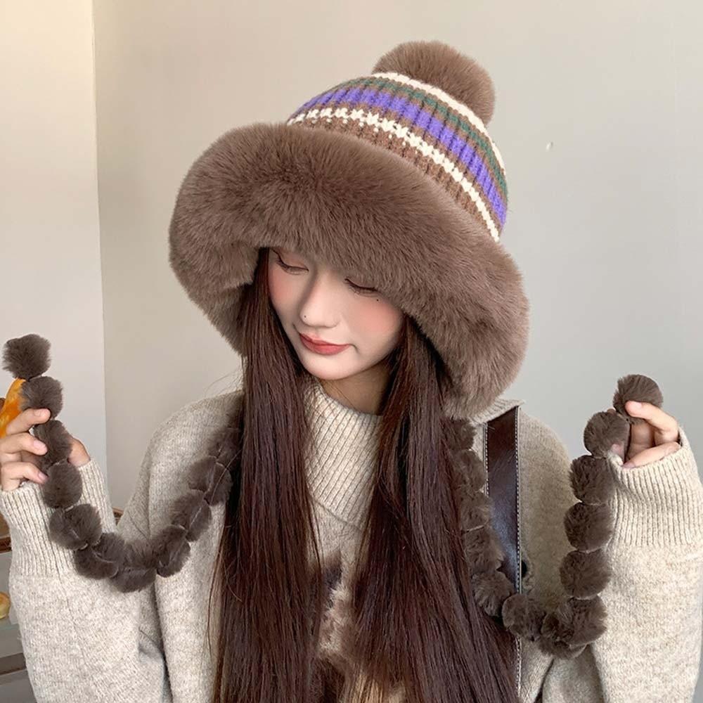 Fur Brim Pompom Braids Hat Striped Knit Earflap Winter Cap Fleece Knit Beanie Teens
