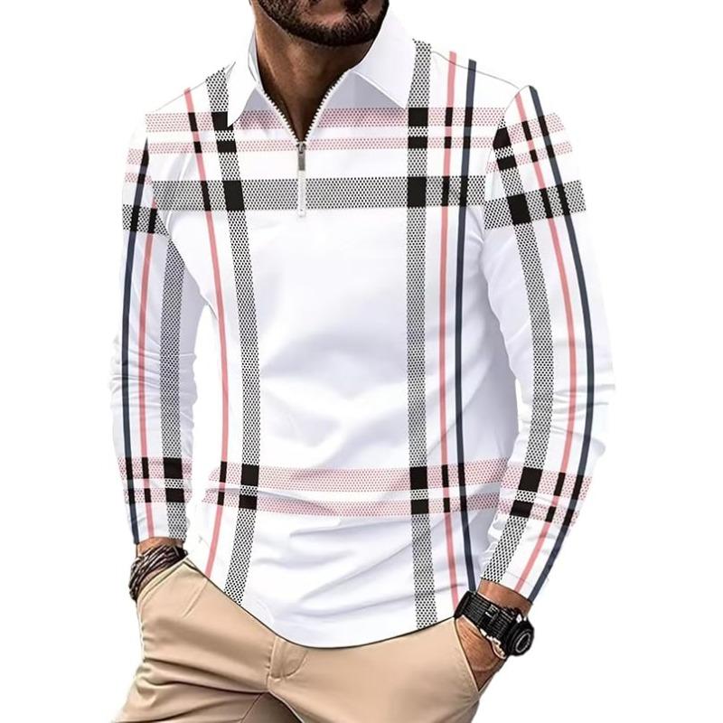 Moda e Lazer 2025 Camisa Polo Masculina de Manga Comprida com Zíper Gola Virada Trabalho de Escritório Estampa Digital