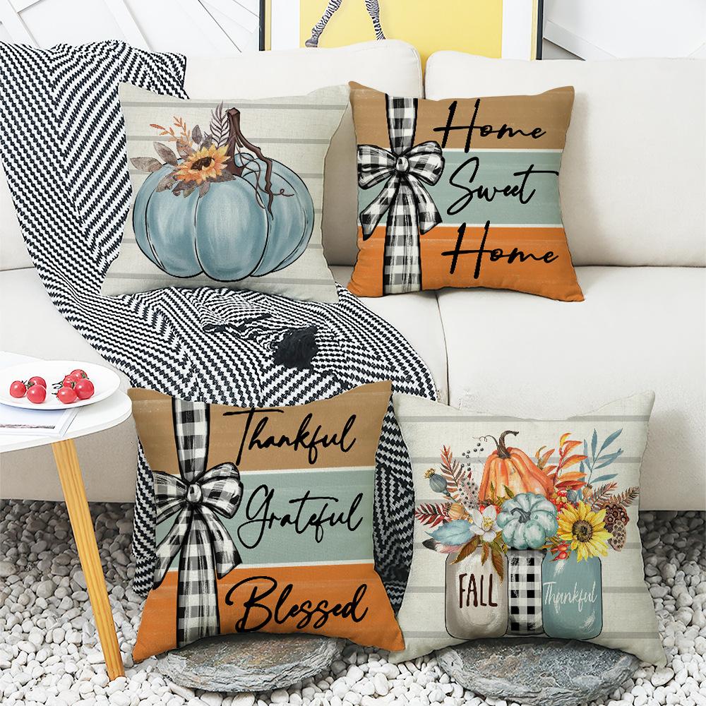 New Autumn and Winter Thanksgiving Pumpkin Color Block Letter Digital Print Decorative Pillow Cover Office Rest Pillow