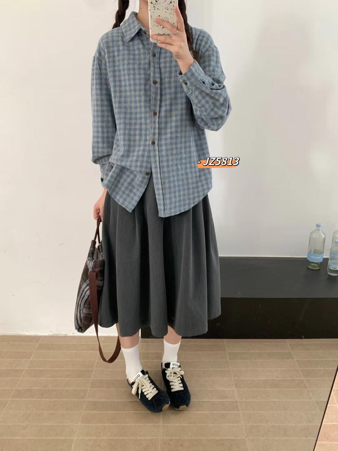 Women s Spring Plaid Lapel Shirt - Versatile, Loose-Fit Long Sleeve Top One Size (80-140cm) серый/синий