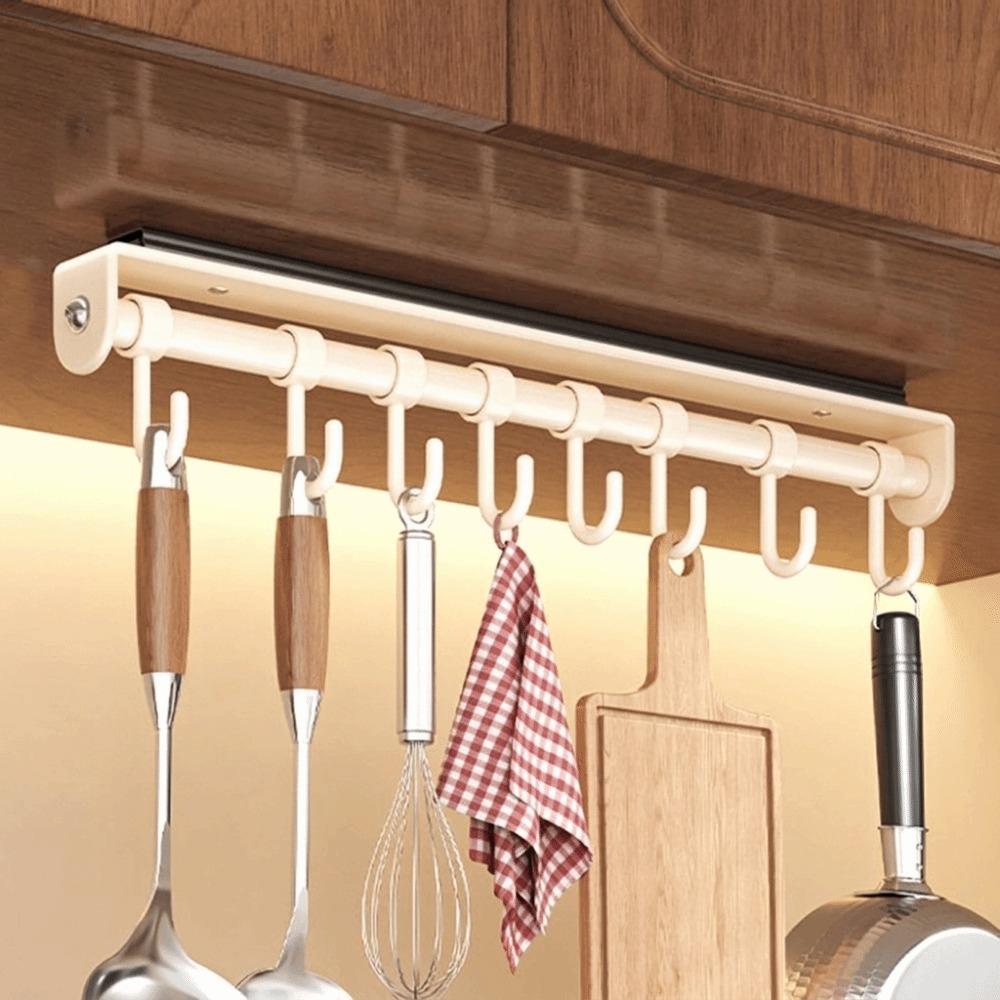 Wall Mounted Pull Out Utensil Hanging Rack Multi Hooks Sliding Rail Hooks Spatula Spoon