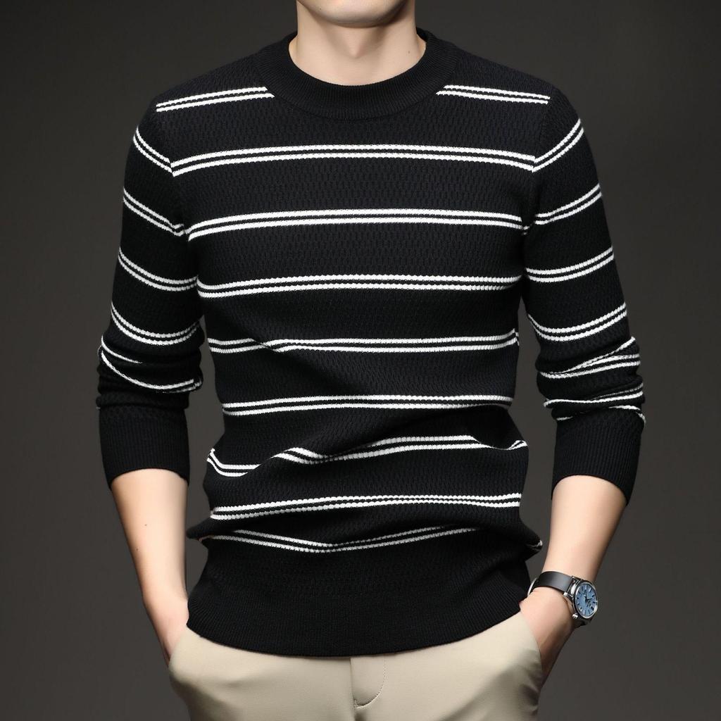 Men's Striped Knitwear: 2025 Autumn/Winter Collection - Stretchy, Thick, Versatile, Casual Round Neck Base Layer