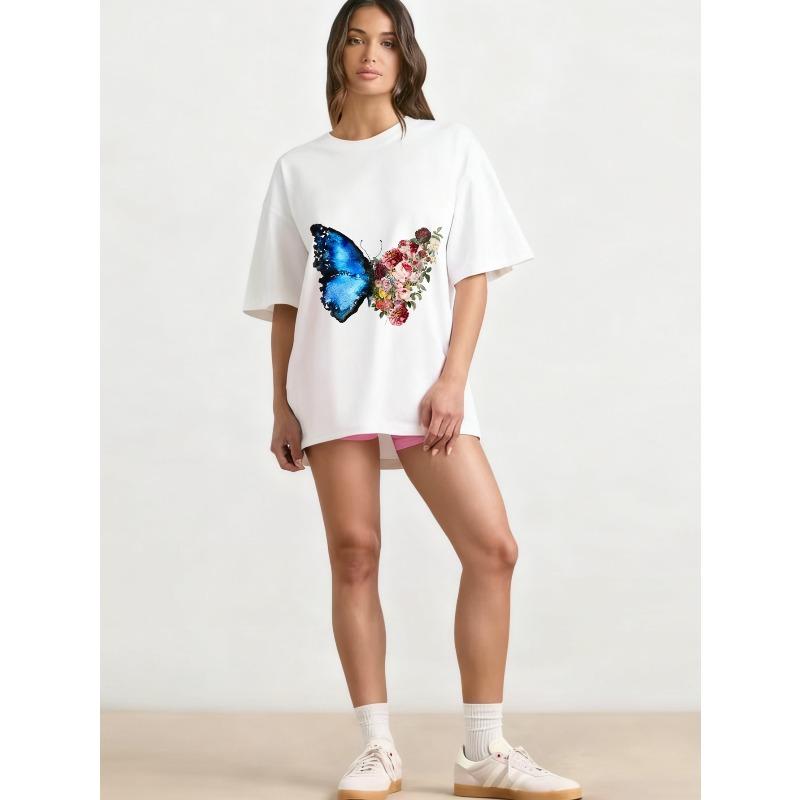 

Oversized T Shirt Black Butterfly Floral Print Women Casual Loose Top Summer Fashion Streetwear XXXXL білий