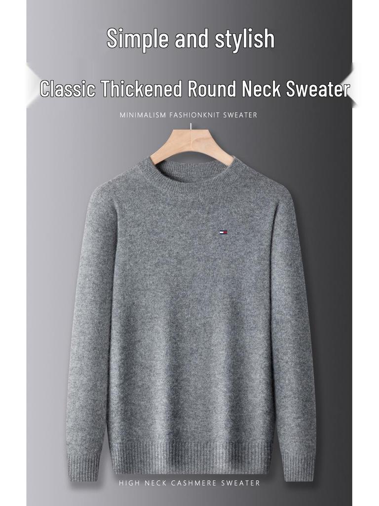 Men's American Tommy Wool Round Neck Thickened Cashmere Sweater - Casual Solid Color Knit Pullover