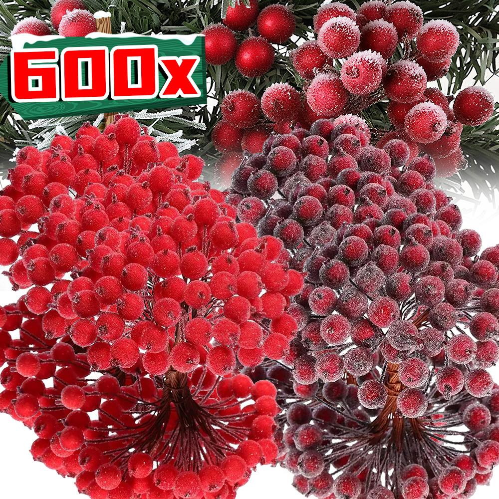 Artificial Frosted Holly Berry Double Head Mini Berry Bouquet Red Berries Flower Christmas Fake Fruit Cherry Stamen DIY Craft